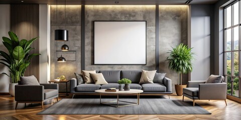 Luxurious modern living room interior with mockup poster frame in black background