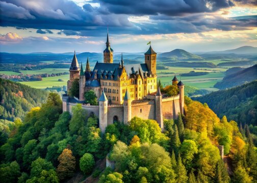 Impressive German castle sits atop a hill, its towers and battlements radiating a sense of medieval grandeur amidst