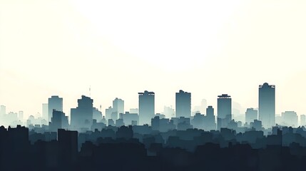 Naklejka premium A hazy cityscape with tall buildings silhouetted against a bright, white sky.