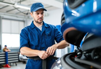 Inspecting the belts A car mechanic in a blue uniform and cap in