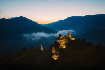 The Upper Omalo village and the fortress Keselo. Travel to the Georgia. Caucasus. High quality photo