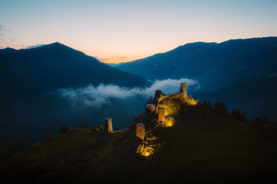 The Upper Omalo village and the fortress Keselo. Travel to the Georgia. Caucasus. High quality photo