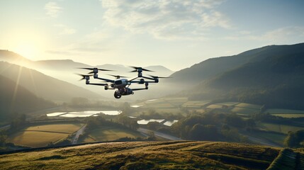 A drone capturing footage of a solar farm in the countryside