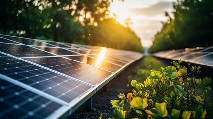Solar panels powering an outdoor music festival, promoting sustainable events