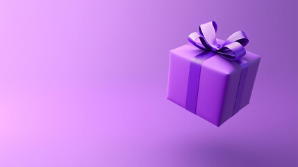 Fototapeta premium A purple box with a bow on top is floating in the air. The box is the center of attention, and the purple background adds a bright and cheerful mood to the image.