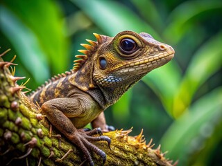 Fototapeta premium In a tropical jungle, a tiny, ear-pierced lizard coils around a branch, its flattened body blending with leaves,
