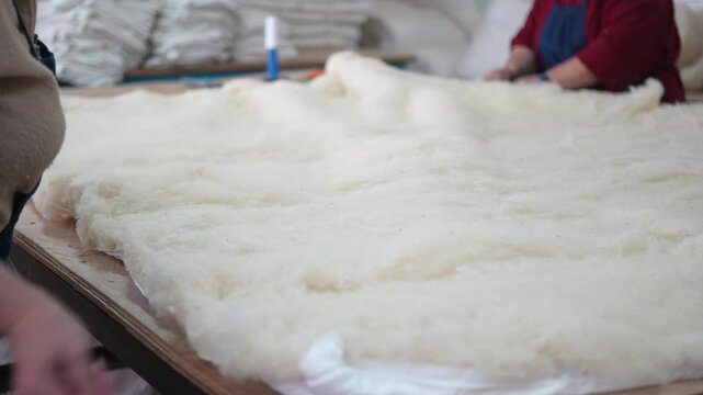 wool. prepared wool in a factory. wool blankets production