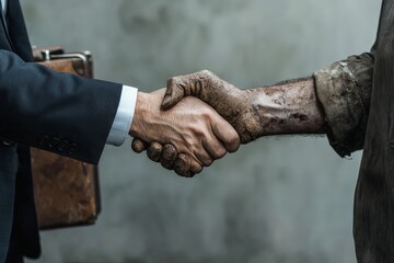 A handshake between a man in a suit with a briefcase and a worker with tools in a dirty hand, set against a divided background representing wealth and poverty.