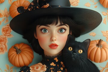 A brunette woman dressed as a Halloween witch in a dark, elegant outfit holds a pumpkin while posing in a retro-inspired studio setting