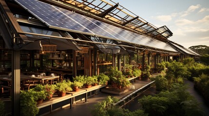 Obraz premium Solar panels on the roof of a restaurant, showcasing sustainable dining