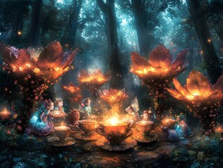 Enchanted forest fairies gather for a magical tea party, illuminated by glowing flowers and soft candlelight.
