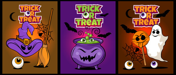 halloween set of cute pumpkins with witch hat and bat,Set of Halloween invitations, greeting cards, or banners with calligraphy, cutest ghosts, pumpkin, magic candle, and witch's cauldron