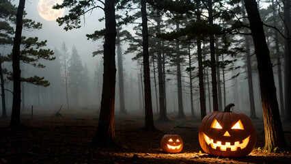 Creepy glowing pumpkin background in dark and foggy forest