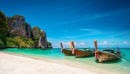 Fototapeta premium Boats at the beauty beach with limestone cliff and crystal clear water in Thailand