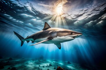 Naklejka premium In the abysmal depths of the ocean, a shark glides effortlessly through the darkness, its streamlined body illuminated