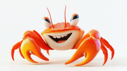 A bright 3D emoji of a coral crab's face, with vibrant orange claws and a cheeky smile, on a pure white background 