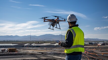A technician using a drone to survey a large solar panel installation