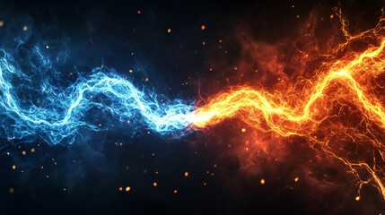 Blue and orange electrical plasma lightning bolts colliding on dark background