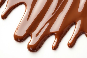 Melted chocolate flowing on a surface, showcasing a rich texture and glossy finish.