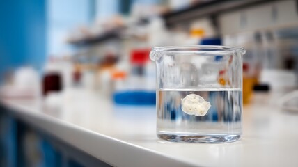 Close-up of glass beaker with clear liquid and floating indicator showing high lead levels, set on white countertop with copy space for text or design.