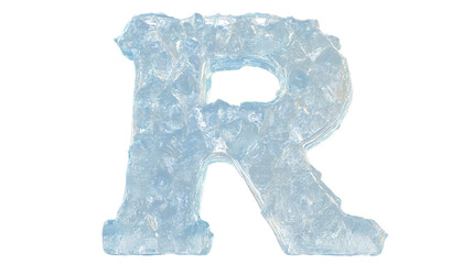 3d letter R made with ice, standing isolated on a white transparent background