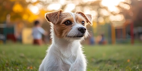 A small, white and brown dog sits in a grassy park, looking intently at something in the distance.