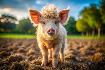 Obraz premium In the heart of a sunny farm, a chubby piglet with curly locks stands tall in a lush