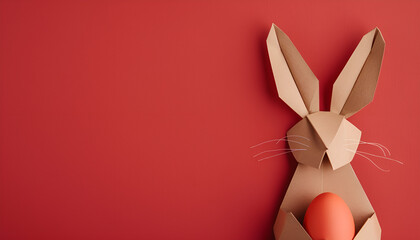 Obraz premium Easter bunny made of kraft paper and egg on red background. Space for text