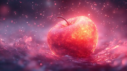 A glowing red apple with sparkling particles, floating on a pink and purple liquid.