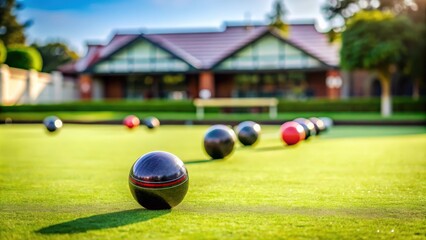 Stock photo of a lawn bowls game with jack in focus