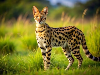 In the lush grass of the African savanna, a domestic hybrid cat with a spotted coat and long
