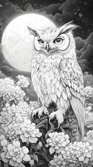 Fototapeta premium A majestic owl perches on a branch, bathed in the soft glow of the moon, with a backdrop of delicate flowers. The detail of its feathers and the moon's radiance create a captivating scene.