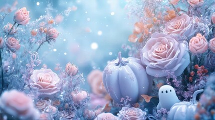 3D pastelcolored roses and pumpkins, with tiny bats and ghosts softly floating around, set against a soft misty background