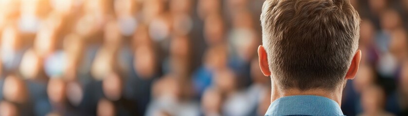 Obraz premium A speaker addresses a large audience, emphasizing connection and engagement in a professional setting.