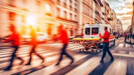 Ambulance Arrival: Paramedics rushing a stretcher into an ambulance. 