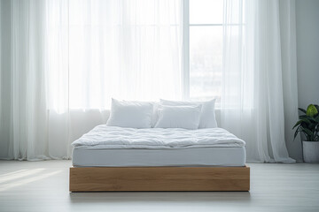 A simple and modern bedroom with a wooden bed frame and a cozy mattress in natural light during the morning