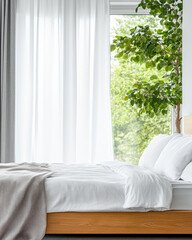A cozy bedroom with a wooden bed frame, soft pillows, and fresh greenery visible through a bright window during daytime