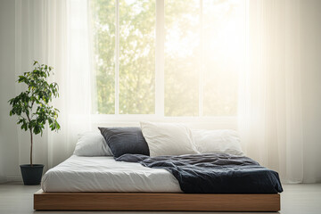 Cozy minimalist bedroom with natural light and a touch of greenery in a serene living space