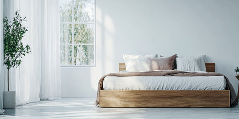 Bright and airy modern bedroom with wooden bed and large windows showcasing natural light