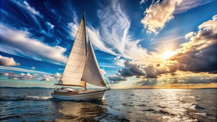 Stock photo of a sailboat gliding gracefully on the water with wind billowing its sails
