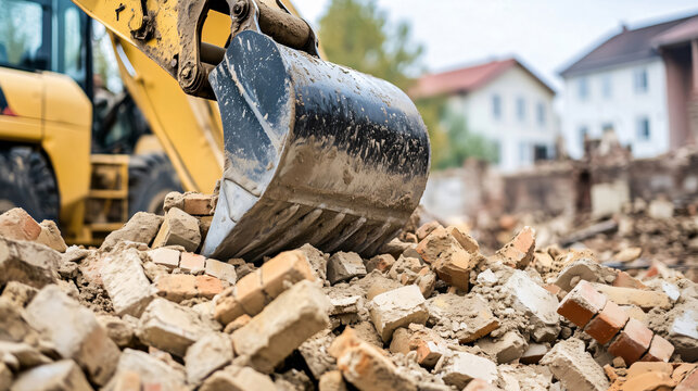 Excavator bucket picking up pile of bricks during demolition work