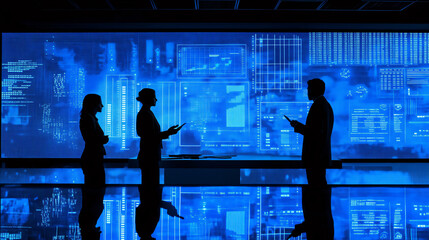 Business team analyzing data on futuristic digital interface