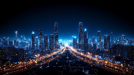Night falls over a bustling cityscape, the skyscrapers and traffic creating a symphony of lights.