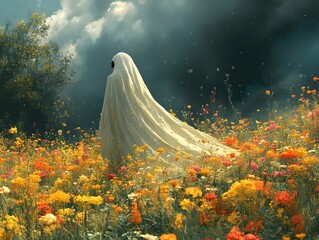 A ghostly figure in a flowing white gown wanders through a field of wildflowers. The ethereal beauty of the scene is accentuated by the soft light filtering through the clouds.