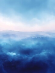 Fototapeta premium A breathtaking view of a mountain range shrouded in clouds, the sky a gradient of blue and white, creating a tranquil and ethereal scene.