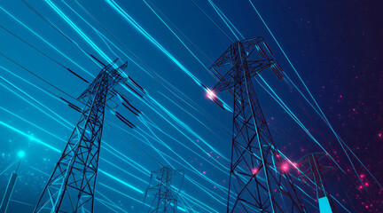 Power grid lines and electricity pylons transferring energy at night