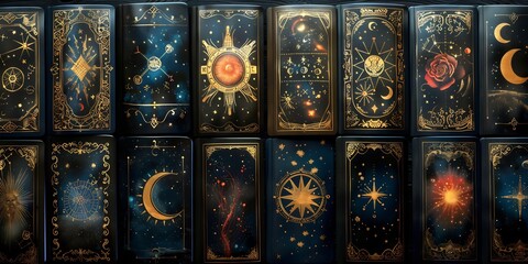 Seamless pattern of mystical tarot cards with handdrawn symbols like moons stars and celestial bodies on a dark background