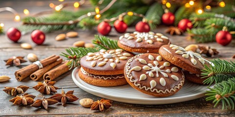 Traditional German Christmas treat, lebkuchen cookies decorated with icing and nuts on a festive holiday background