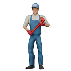 Male Professional Mechanic - 3D Character. A male mechanic stands with both hands holding a wrench. Technical