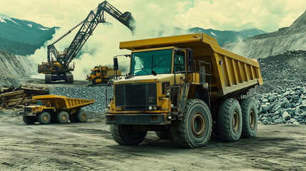 Fototapeta premium Powerful machinery working hard at an open pit mine
